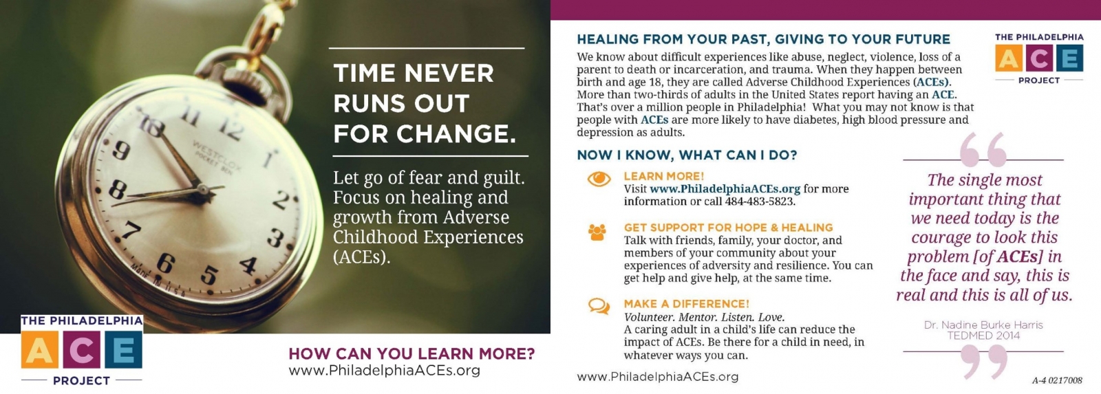 One of the ACE messaging cards [front and back) from the Philadelphia ACE Task Force.
