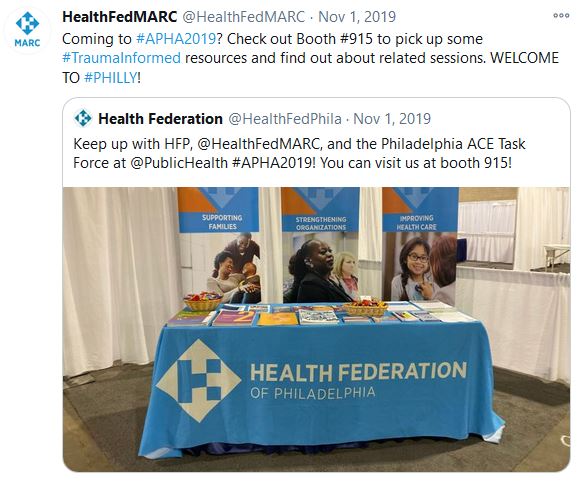 Screenshot of @HealthFedMARC and @HealthFedPhila Tweets from APHA 2019.