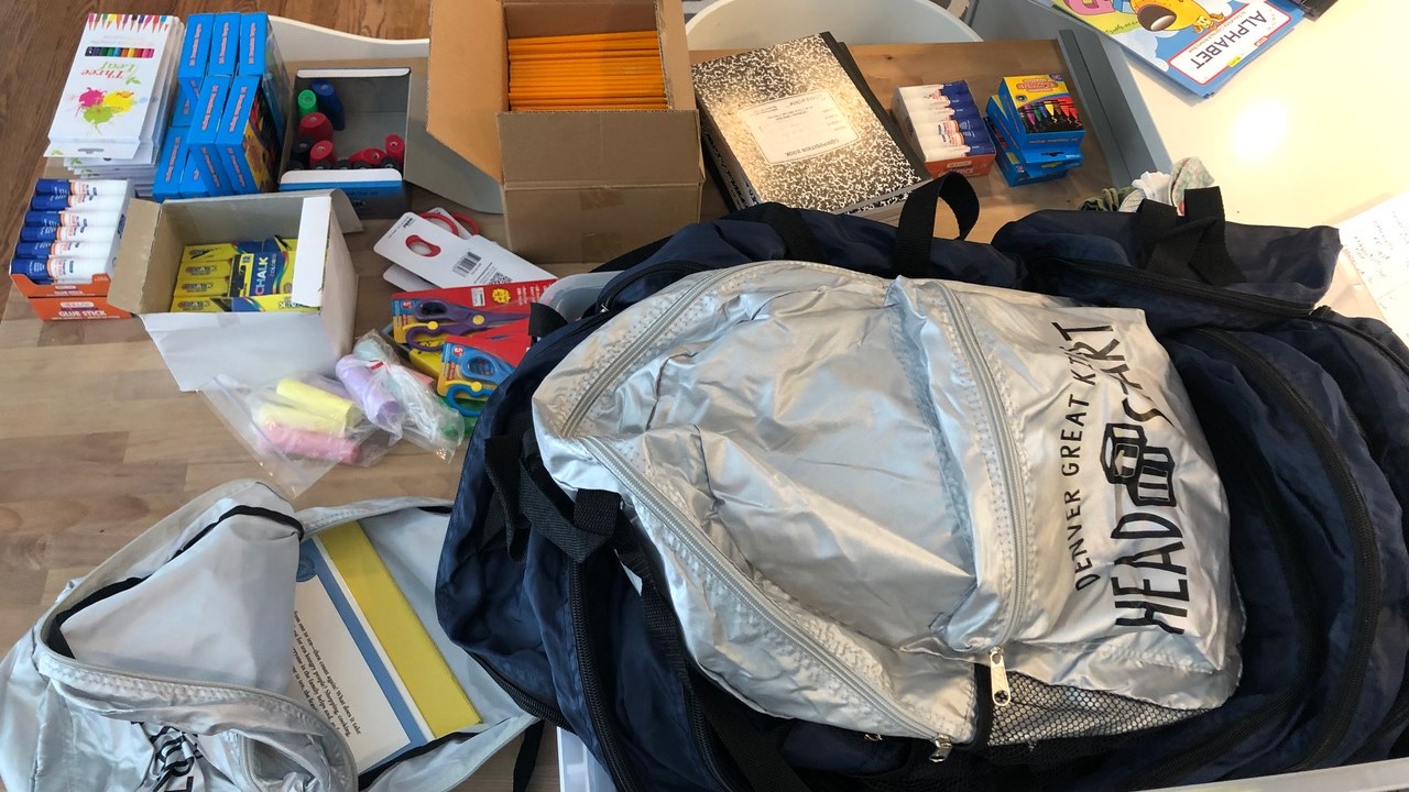 Art and school supplies for the kits distributed to families by LAUNCH Together Southwest Denver. Photo courtesy of Kate Kalstein.