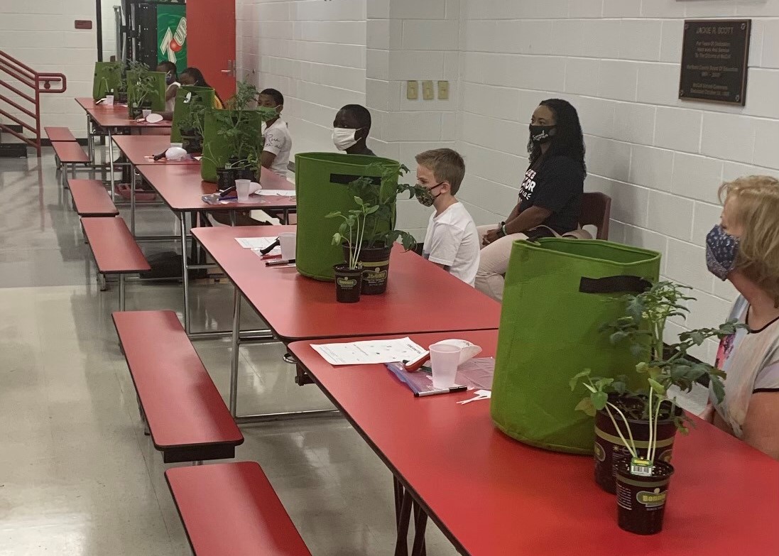 People with plants and other gardening supplies on a table in front of them